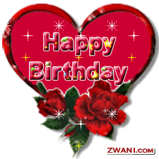 Happy birthday, inside a red heart with 2 red roses