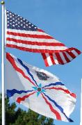 American Assyrian Flags over the blue sky of San Jose California