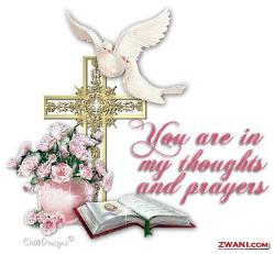 You are in my thoughts and prayers, Bible, Cross, and a white dovw.
